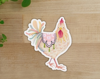 Boho Chicken | Die Cut Vinyl Sticker, Illustration Art Stickers, Cute Farm Animal, Matte Decal, Gouache Artwork