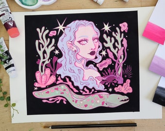 Deep Sea | Original Artwork Painting, Aesthetic Fantasy Mermaid Portrait, Water Plant Illustration, Surreal Siren, Gouache Art, Moray Eel