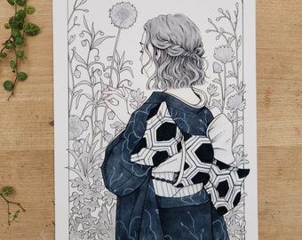 kimono | Greyscale Marker Illustration, Plants Garden Drawing, Traditional Japanese Inspired, Aesthetic Cute Girl Art, Art Nouveau Syle