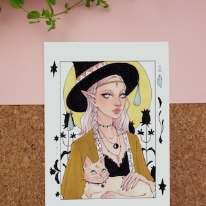 CatWitch Marker Illustration Artwork, Spooky Girl Illustration, Boho Aesthetic Art Prints, Magical Witch Aesthetic, Cute Kitty Familiar image 1