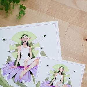 Spring Green | Square Wall Art Print, Fairy Girl Illustration, Fantasy Style, Insect Wings, Flower Witch, Gebera Drawing, Spring Season Art