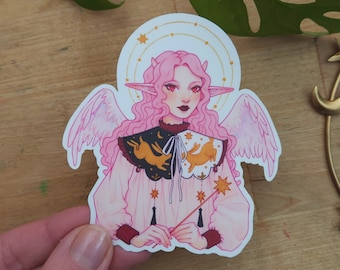 Angelis | Vinyl Art Sticker, Dreamy Elf Girl, Whimsical Fairy Illustration, Angel Wings, Cute Fairycore Aesthetic, Festive Character Art