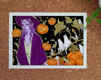 Halloween Art Print | Fantasy Illustration, Pumpkin Plants Artwork, Spooky Aesthetic Prints, Magical Demon Witch, Little Ghosts