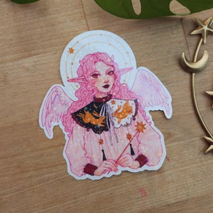 HOLO Angelis Vinyl Art Sticker, Dreamy Elf Girl, Whimsical Fairy Illustration, Angel Wings, Cute Fairycore Aesthetic, Festive Character image 2