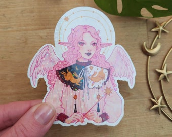 HOLO Angelis | Vinyl Art Sticker, Dreamy Elf Girl, Whimsical Fairy Illustration, Angel Wings, Cute Fairycore Aesthetic, Festive Character