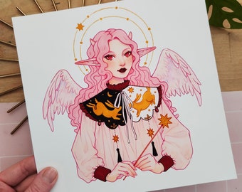 Angelis | Square Wall Art Print, Pink Haired Angel, Elf Girl Illustration, Festive Angel Art, Pastel Witch Cutie, Angel Wings Drawing