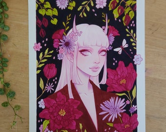Jardin | Colorful Floral Marker Illustration, Plants Garden Drawing,Aesthetic Girl Art, Plant Witch, Pastel Hair