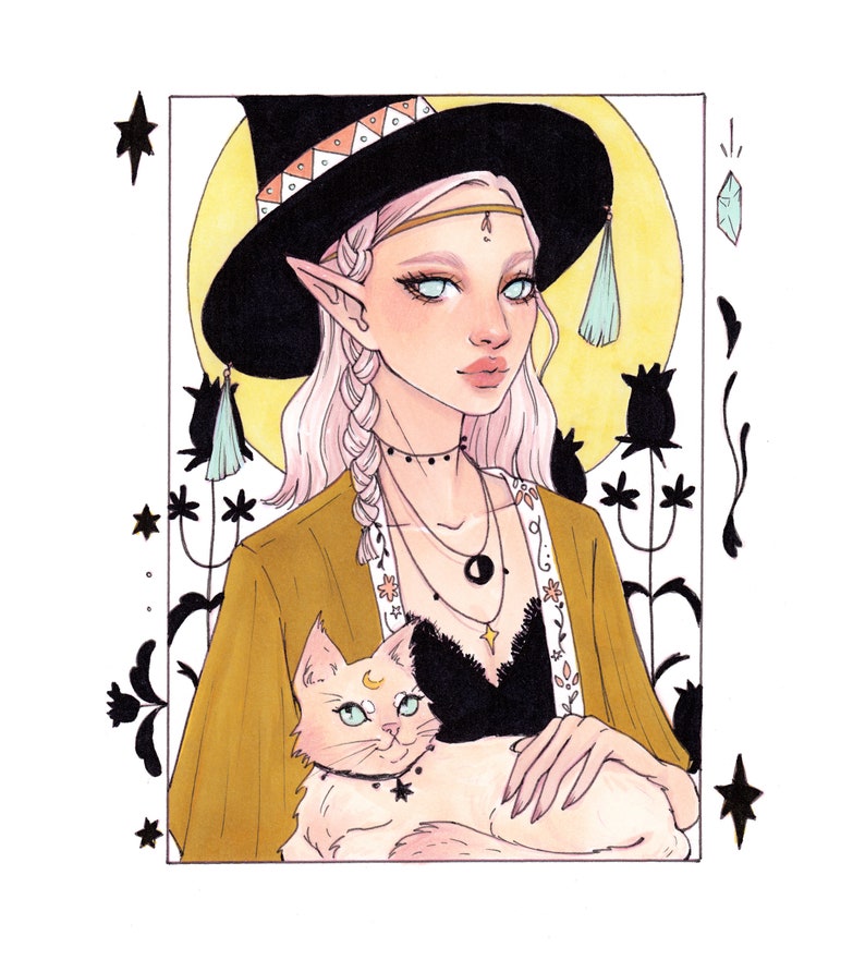 CatWitch Marker Illustration Artwork, Spooky Girl Illustration, Boho Aesthetic Art Prints, Magical Witch Aesthetic, Cute Kitty Familiar image 2