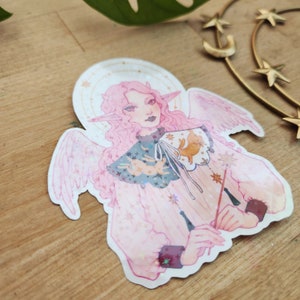 HOLO Angelis Vinyl Art Sticker, Dreamy Elf Girl, Whimsical Fairy Illustration, Angel Wings, Cute Fairycore Aesthetic, Festive Character image 3