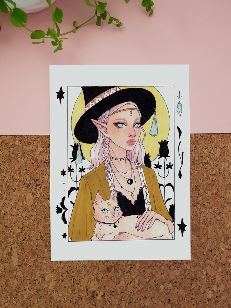 CatWitch Marker Illustration Artwork, Spooky Girl Illustration, Boho Aesthetic Art Prints, Magical Witch Aesthetic, Cute Kitty Familiar image 1