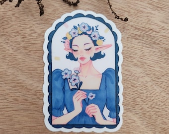 Blue Spring | Vinyl Art Sticker, Whimsical Fantasy Illustration, Dreamy Character Artwork, Magical Elf , Fairycore Aesthetic, Flower Crown