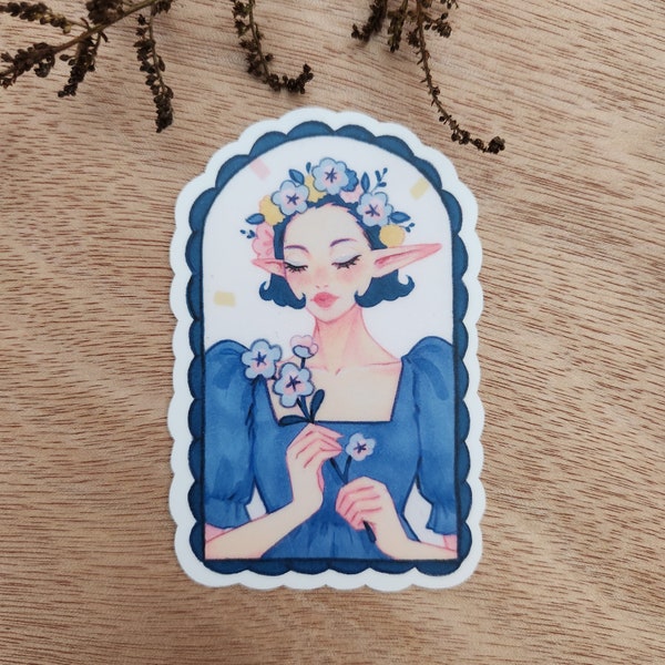 Blue Spring | Vinyl Art Sticker, Whimsical Fantasy Illustration, Dreamy Character Artwork, Magical Elf , Fairycore Aesthetic, Flower Crown