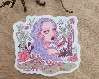 Deep Sea | Vinyl Art Sticker, Fantasy Illustration, Mermaid Artwork, Magical Witch Aesthetic, Dark Fantasy, Underwater Coral, Moray Eel