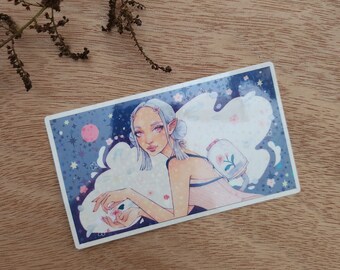 HOLO Space Spring | Vinyl Art Sticker, Dreamy Elf Girl, Sci-fi Illustration, Space Suit, Cute Galaxy Aesthetic, Flower Power, Space Buns