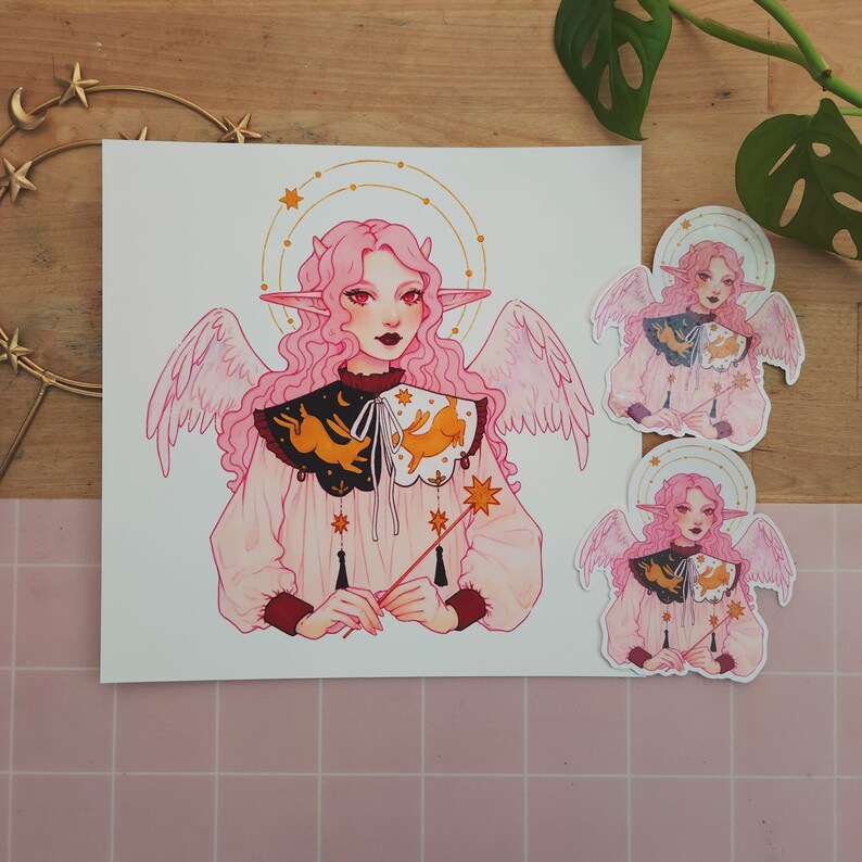 HOLO Angelis Vinyl Art Sticker, Dreamy Elf Girl, Whimsical Fairy Illustration, Angel Wings, Cute Fairycore Aesthetic, Festive Character image 4