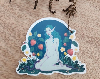 Dark Fantasy Symbiosis | Vinyl Sticker, Illustrated Art stickers, Gouache Painting, Fantasy Plant Witch, Forest Fairy Drawing, Strawberries