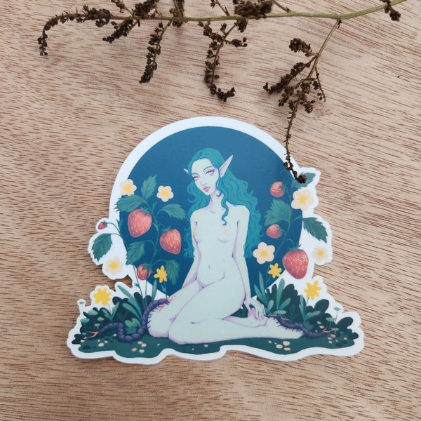 Dark Fantasy Symbiosis | Vinyl Sticker, Illustrated Art stickers, Gouache Painting, Fantasy Plant Witch, Forest Fairy Drawing, Strawberries