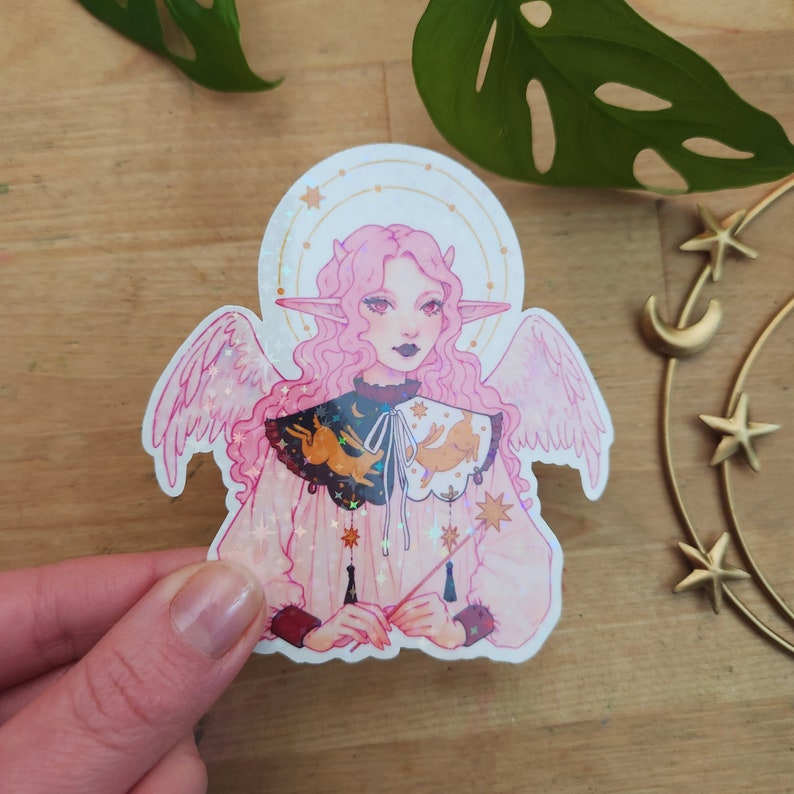 HOLO Angelis Vinyl Art Sticker, Dreamy Elf Girl, Whimsical Fairy Illustration, Angel Wings, Cute Fairycore Aesthetic, Festive Character image 1