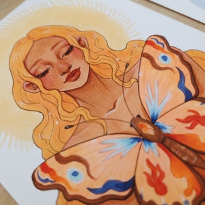 Sun Marker Illustration Artwork, Butterfly Girl Fantasy Art, Blonde Sunshine Goddess, Magical Witch Aesthetic, Moon and Stars, Portrait image 2