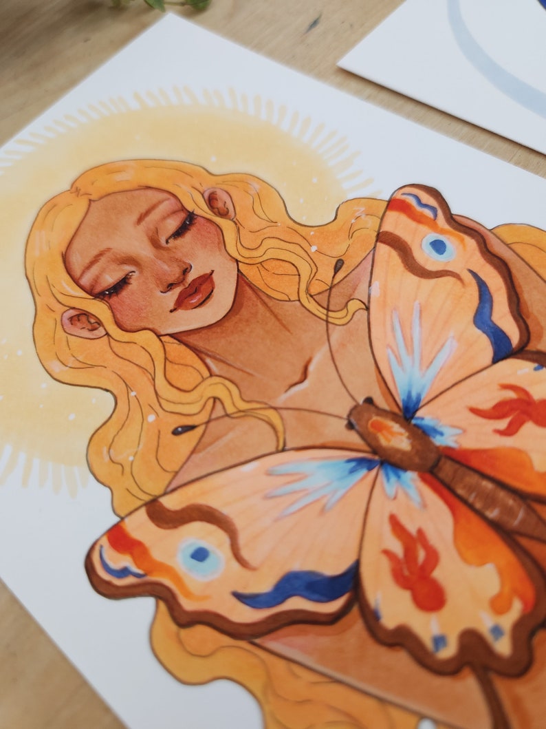 Sun Marker Illustration Artwork, Butterfly Girl Fantasy Art, Blonde Sunshine Goddess, Magical Witch Aesthetic, Moon and Stars, Portrait image 2