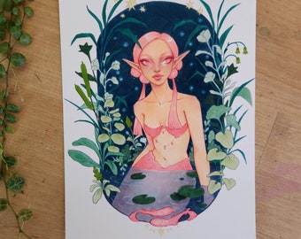 Forest Mermaid | Colorful Wall Art, Mermay Illustration, Plants Aesthetic, Pretty Girl Art, Pink Mermaid Fairytale Art, Magical Women