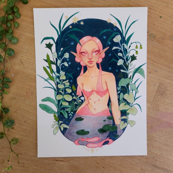 Forest Mermaid | Colorful Wall Art, Mermay Illustration, Plants Aesthetic, Pretty Girl Art, Pink Mermaid Fairytale Art, Magical Women