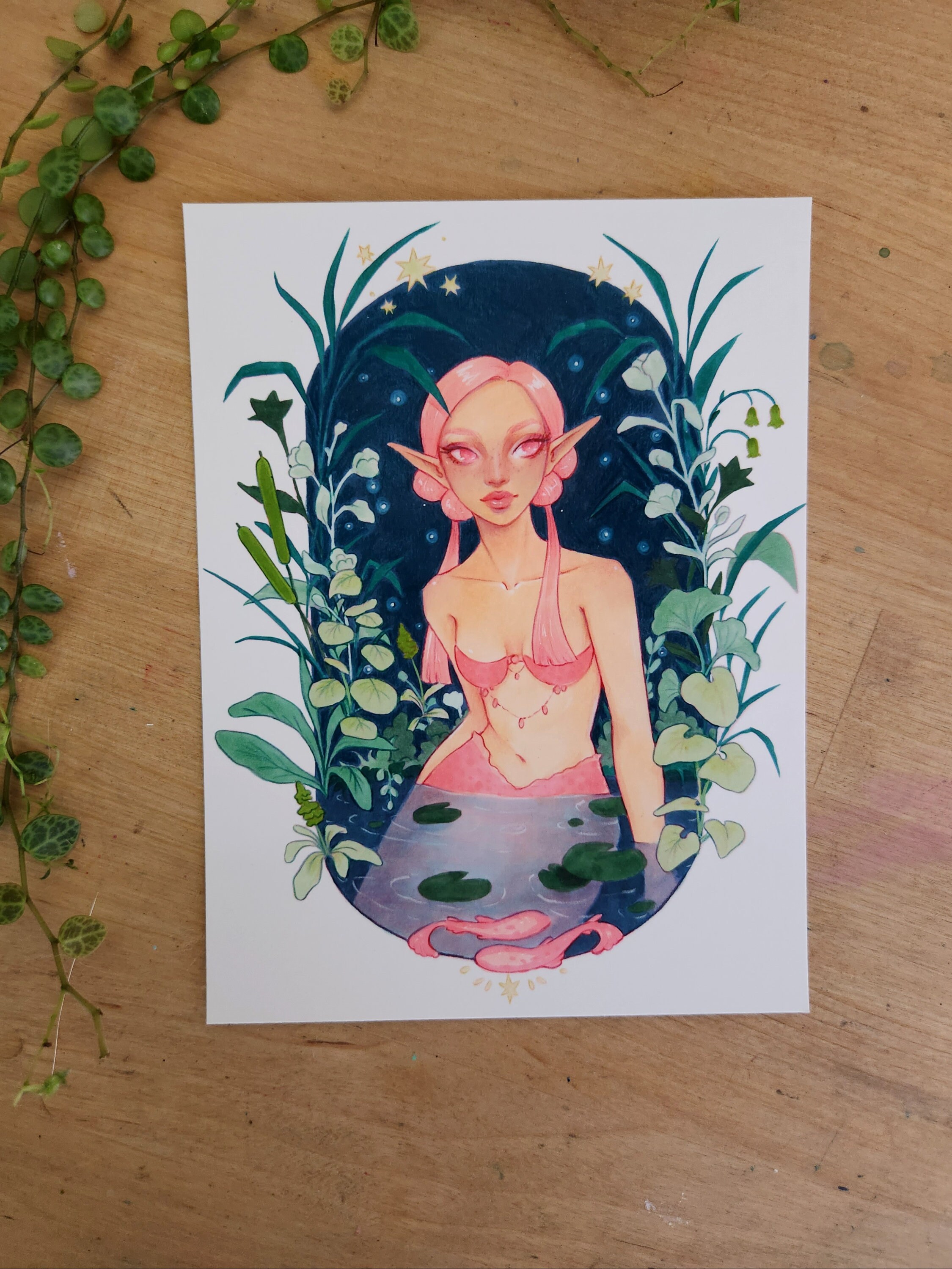 Forest Mermaid | Colorful Wall Art, Mermay Illustration, Plants Aesthetic, Pretty Girl Art, Pink Mermaid Fairytale Art, Magical Women
