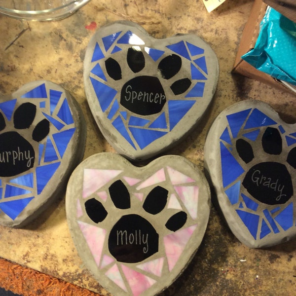 Stained Glass Mosaic Garden Concrete Outdoor Heart Stepping Stone Dog/Cat Paw Or Dog Bone with Pets Name Etched INCLUDES SHIPPING