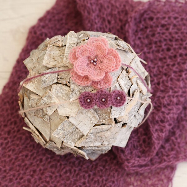 SET Baby Plum Wrap & 2 Matching Crochet Dusty Rose and Plum Tiebacks / Newborn Plum Knitted Blanket and Headbands Set / Newborn Photography