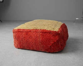 Handmade Red Wool Moroccan Pouf Ottoman: Vintage Berber Floor Cushion, Boho Tribal Decor