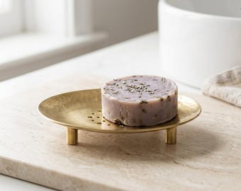 Saboneteira redonda em latão maciço, acessório minimalista dourado para banheiro, com suporte de drenagem à prova de ferrugem.