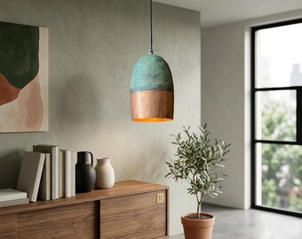 Handgefertigte Anhängerleuchte aus oxidiertem Kupfer, moderne Kuppelhängelampe, Patina-Küchenbeleuchtung