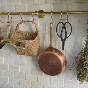Solid Brass Pot Rail with S Hooks, Wall Mounted Kitchen Organizer, Farmhouse Utensil Holder