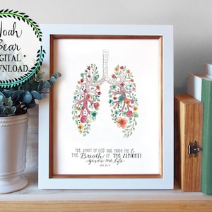 Lungs Art Print Christian Printable Art with Bible Verse Print Lung Illustration with Flowers