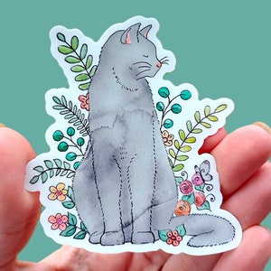 Gray Cat Sticker with Flowers Cat Sticker Waterproof Cat Lady Sticker Grey Kitty Sticker Cat Lady Gift Cat Lover Sticker for Veterinarian