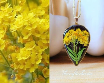 Bijoux d'automne, bijoux de plantes-bijoux de vraies fleurs-bijoux de fleurs pressées-bijoux en résine-collier de fleurs pressées-bijoux Alyssum-bijoux bohème