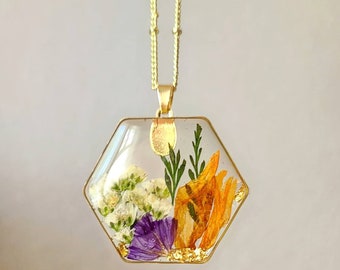 Personalized Family Birth Flower Bouquet Necklace, Pressed Flower Pendant Necklace, Cute Real Flower Necklace Gift, Jewelry Family Gift