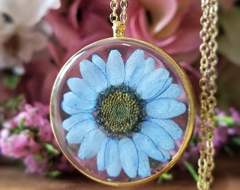 Gift for Her-Daisy Necklace-Pressed Flower Jewelry-Flower Jewelry-Real Flower Necklace-Teacher's Gift-Resin Flower Necklace-Blue Necklace