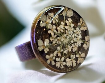 Flower ring,flower jewelry,pressed flowers, green jewelry,boho ring,unique ring, vintage ring,bronze,ancient,antique ring,Queen Anne's lace