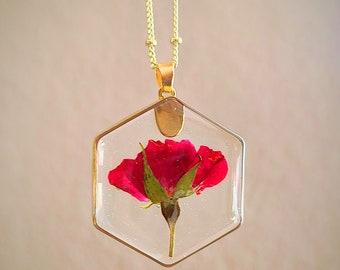 Geometrical Necklace-Flower Necklace-Real Flower Jewelry-Pressed Flower Necklace-Nature Lover Gift-Rose Necklace-Rose Necklace,Christmas Gif