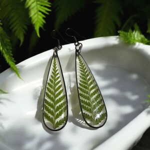 May include: A pair of silver teardrop earrings with a pressed green fern leaf inside each earring.