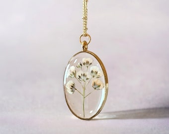 Baby's Breath Pressed Wildflower Necklace-Gypsophila Resin Necklace-Dried Wildflowers- Handmade-Vintage-Real Flower Christmas Gift-handmade