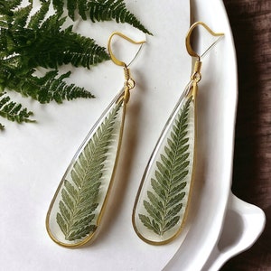 Unique Gift,Fern Earrings,Statement Gold Earrings,Handmade Real Fern Earrings,Unique gift for her,Resin Fern Earring,Leaf Earrings,Christmas