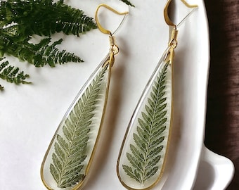 Unique Gift,Fern Earrings,Statement Gold Earrings,Handmade Real Fern Earrings,Unique gift for her,Resin Fern Earrings,Leaf Earrings,Classy