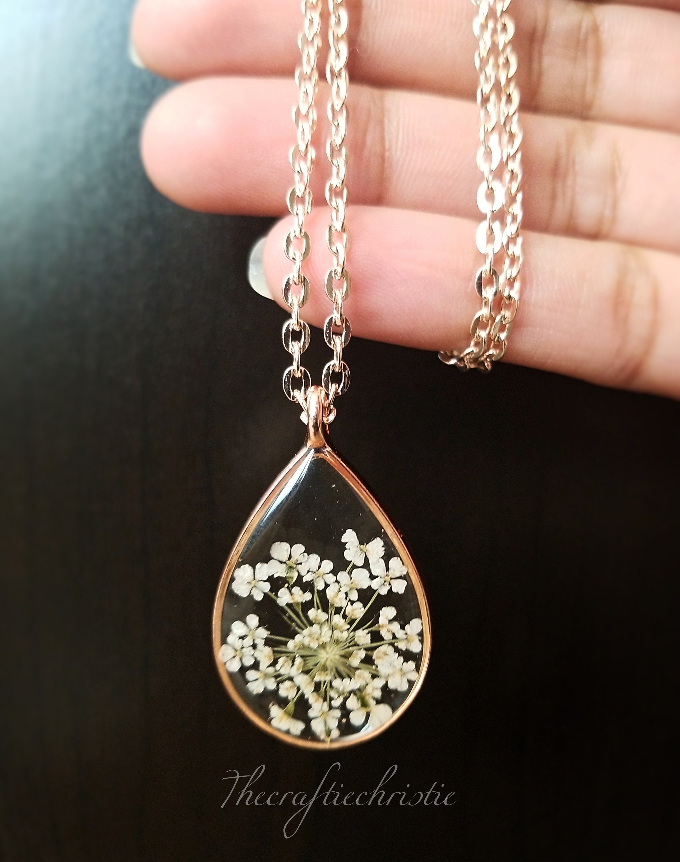 Queen Anne's Lace Rose Gold Necklace,Pressed Flower Jewelry,Real …