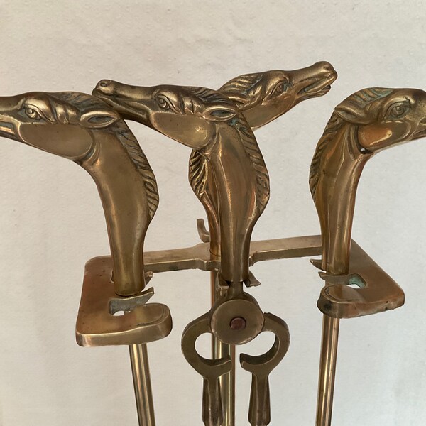 Vintage brass horse-head fire iron set, poker missing, but still a lovely set, c. 1960s