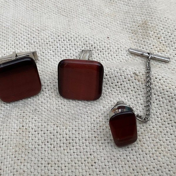 Cuff links and tie pin set, tiger eye, vintage
