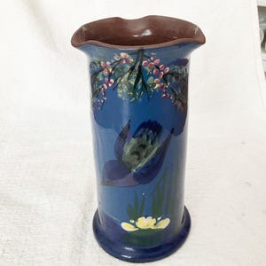Torquay  Longpark terracotta blue-glazed vase with hand-painted kingfisher and flowers, 1950s