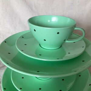Two sets Kayser melamine polka dot cup, saucer, plate, W. Germany 1970s