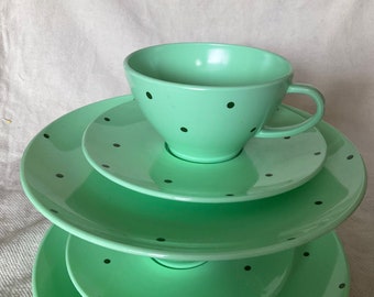 Two sets Kayser melamine polka dot cup, saucer, plate, W. Germany 1970s